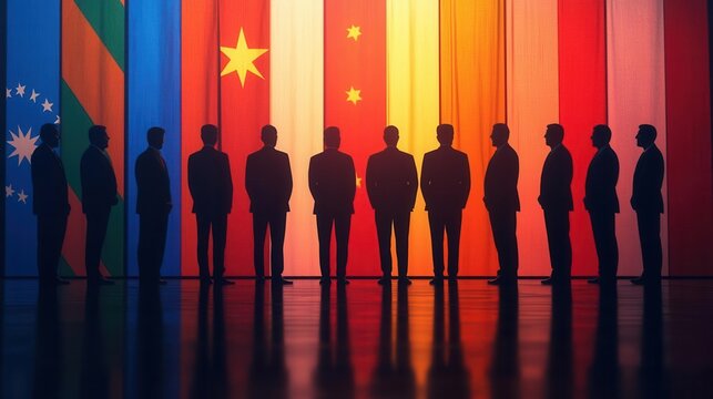 Group of executives negotiating a cross-border deal with international flags behind them, international negotiation, global business discussion,