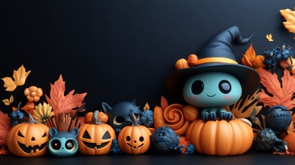 Cute Halloween Characters with Pumpkins and Spooky Autumn Decorations