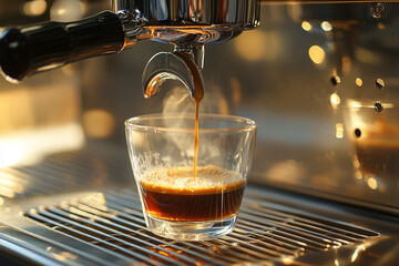
A photo of hot coffee being dispensed into a clear glass cup from a professional espresso machine, 