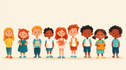 A group of diverse school children standing side by side, smiling and showing unity and togetherness in a vibrant illustration