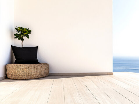 Cozy corner with a plant and cushion overlooking a serene ocean view on a bright day