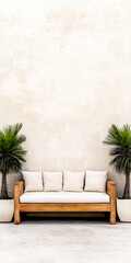 Fototapeta premium Stylish outdoor seating area with wooden bench and potted palm trees under a clear sky