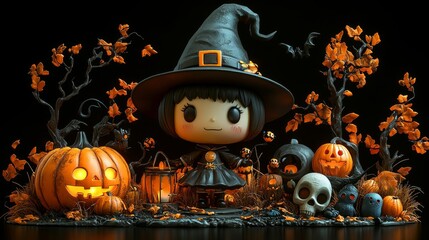 Cute Halloween Characters with Pumpkins and Spooky Autumn Decorations