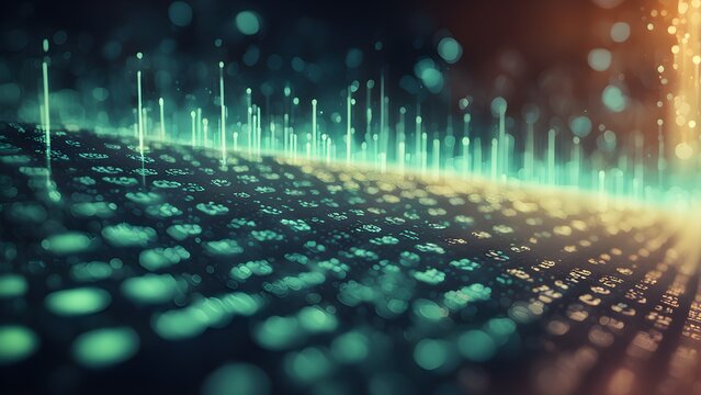 Abstract digital data flow visualization with glowing lines and particles, representing data flow, information technology, digital transformation, and the future of technology.