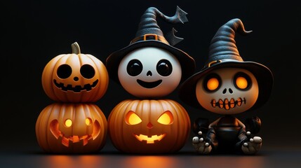 Cute Halloween Characters with Pumpkins and Spooky Autumn Decorations