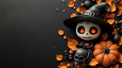 Cute Halloween Characters with Pumpkins and Spooky Autumn Decorations