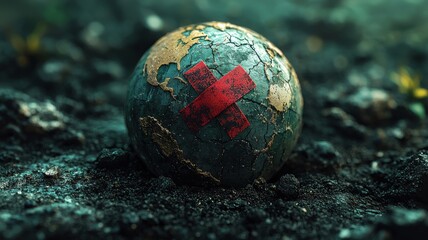 An artistic representation of a distressed globe, featuring a prominent red cross, evoking themes of environmental concern and destruction.