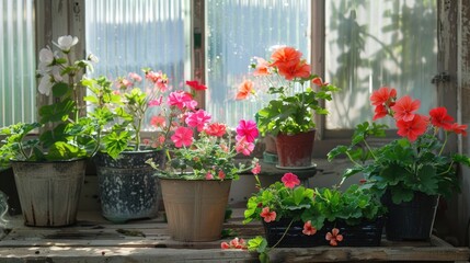 Fototapeta premium Geranium In Tubs And Different Flowers In The Greenhouse
