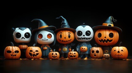 Cute Halloween Characters with Pumpkins and Spooky Autumn Decorations