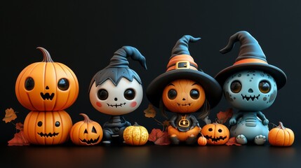 Obraz premium Cute Halloween Characters with Pumpkins and Spooky Autumn Decorations