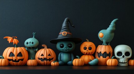 Cute Halloween Characters with Pumpkins and Spooky Autumn Decorations