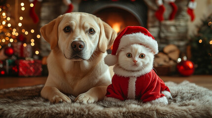 
A Labrador retriever and a white cat in a Santa hat pose for a photo near a fireplace, with Christmas decorations in the home background.