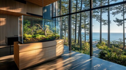 An upscale coastal home interior, featuring the forest-filled glass box resting on a wooden sideboard, framed by large, ocean-facing windows