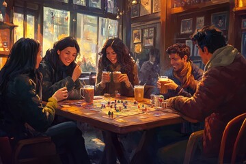 Four Friends Gather Around a Table Playing a Board Game with Drinks in a Cozy Cafe