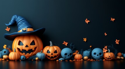 Cute Halloween Characters with Pumpkins and Spooky Autumn Decorations	