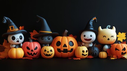 Obraz premium Cute Halloween Characters with Pumpkins and Spooky Autumn Decorations 