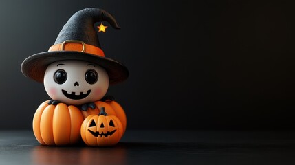 Cute Halloween Characters with Pumpkins and Spooky Autumn Decorations	