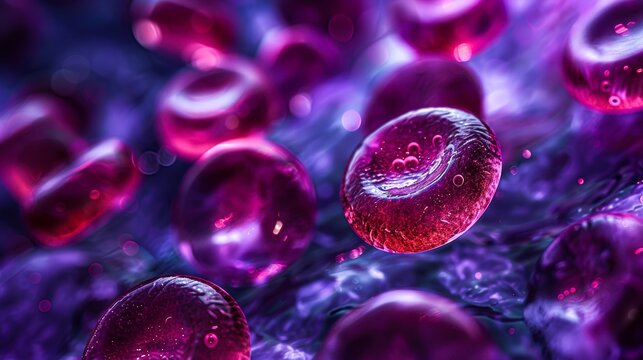 Macro view of vibrant red blood cells in motion against a purple background, suitable for medical, science, and health-related content, presentations, and educational materials,