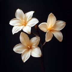 Fototapeta premium Three delicate white flowers with soft petals and bright yellow centers set against a dark background, Perfect for nature-themed designs, floral prints, greeting cards, and elegant decor,