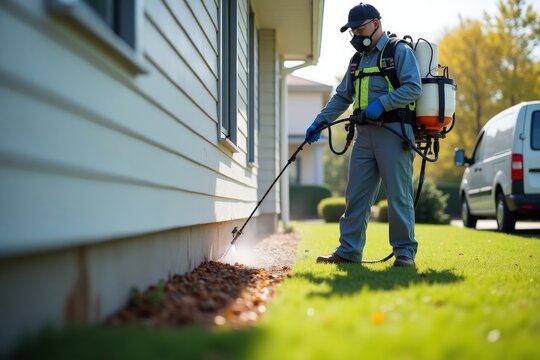 Pest control worker spraying insecticide around house exterior, professional exterminator with protective gear, residential pest management service - Powered by Adobe