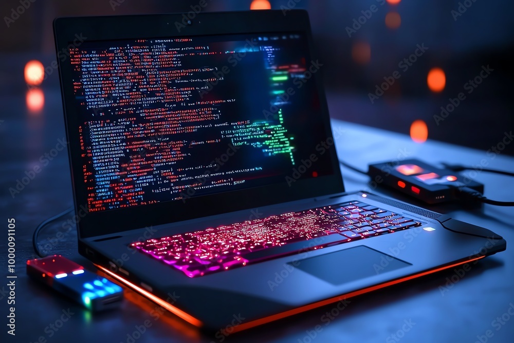 Poster Detailed close-up of a hackerâ€™s laptop, with complex code running on the screen, USB drives connected, and encrypted data flowing across the display