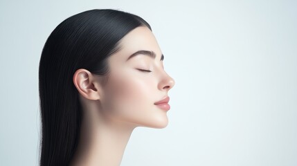 Obraz premium Elegant woman, sleek straight hair, flawless skin, eyes softly closed, white background, delicate side view 