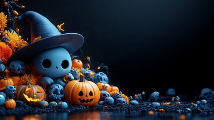 Cute Halloween Characters with Pumpkins and Spooky Autumn Decorations