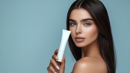 A professional photo featuring an elegant woman with straight hair, holding a simple luxury cosmetic cream tube, her flawless complexion radiating beauty.