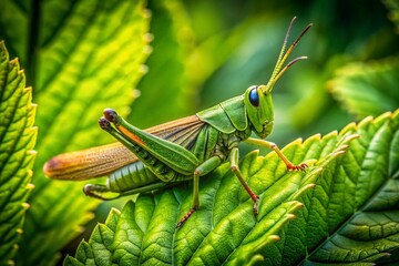 Grasshopper Camouflaged Among Green Leaves with Leaf-Like Wings in Natural Habitat Setting