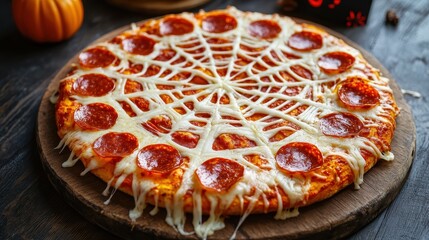 Creepy Crawly Spider Web Pizza - Spooky Halloween Food Concept with Cheese and Pepperoni Web Design