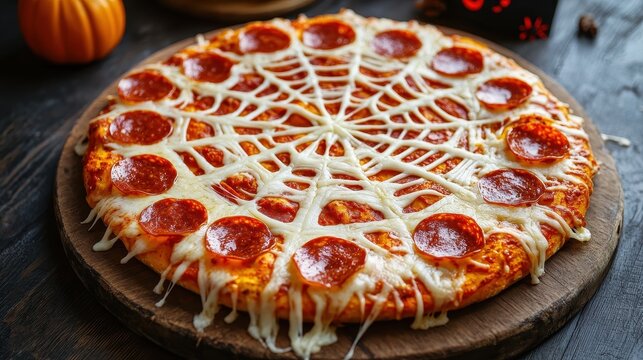 Creepy Crawly Spider Web Pizza - Spooky Halloween Food Concept with Cheese and Pepperoni Web Design