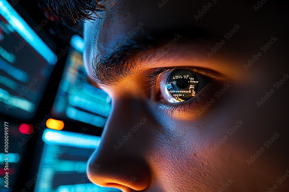 Leinwandbilder Detailed image of a hackerâ€™s face lit by multiple computer screens, showing intense focus and the reflection of code and encrypted data in their eyes