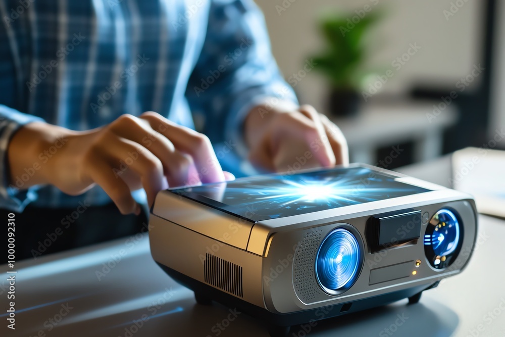Poster Detailed image of a teacher using a projector in a classroom, with the projected light and image sharp and clear, showing modern teaching technology