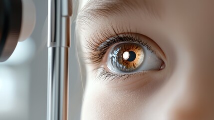 39 Closeup of a patients eye being examined with a slit lamp during an eye checkup, vision health, eye care
