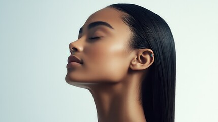 Naklejka premium Elegant woman, sleek straight hair, flawless skin, eyes softly closed, white background, delicate side view 
