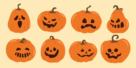 Happy Halloween day Jack o lantern element vector set. Spooky Collection of orange pumpkin in different spooky faces. Creepy jack o lantern illustration for decoration, kids, poster, sticker, icon.