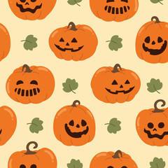 Happy Halloween day Jack o lantern seamless pattern. Spooky wallpaper of orange pumpkin in different spooky faces. Creepy jack o lantern illustration for fabric, tile, wrapping, poster, sticker.