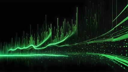 Abstract green digital wave with glowing lines and dots on a black background.