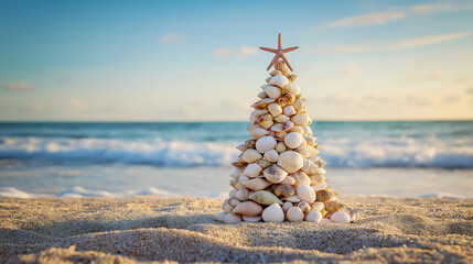 A unique Christmas tree made entirely of seashells on a sandy beach, Christmas tree made by seashells