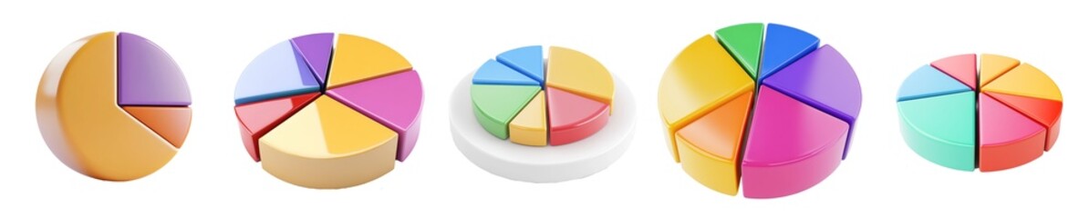Obraz premium Colorful 3D pie chart set isolated Png, transparent without background.