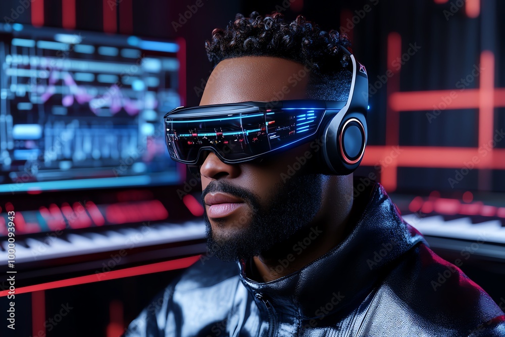 Aufkleber digital 3d interactive music studio, where users can virtually play instruments, adjust soundboards,