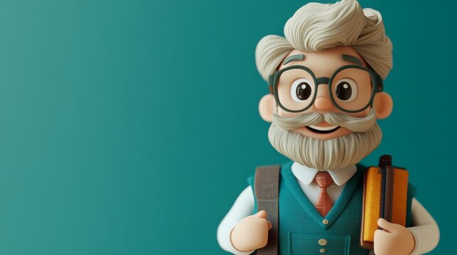 A cartoon man with glasses and a beard is smiling and holding a book