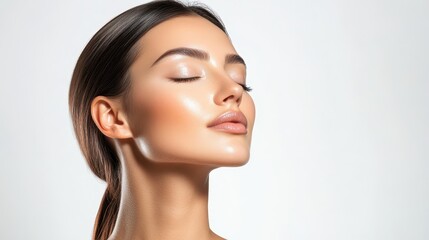 Naklejka premium Elegant woman posing for skincare, straight hair, flawless skin, closed eyes, white background, front view, delicate, professional production shoot.