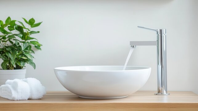 Bathroom with vessel sink, waterfall faucet, and neutral mosaic tiles, modern and elegant