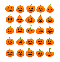 Halloween colorful orange pumpkin faces, jack-o-lantern faces vector set.  Illustration of carved pumpkin faces. Spooky scary halloween faces