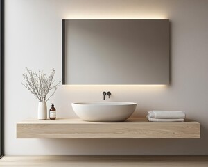 Bathroom with built-in sink, soft neutral lighting, and minimalist design, clean and functional