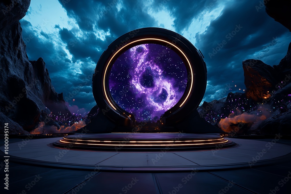 Poster digital 3d rendering of a futuristic music festival, where virtual stages, performers, and interacti