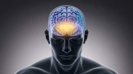 3D Render of a Human Head with a Transparent Skull, Showcasing a Glowing Yellow Brain Highlighting the Frontal Lobe Against a Dark Gray to Black Gradient Background