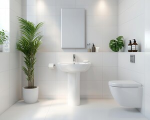 Fototapeta premium Compact bathroom with corner-mounted sink, neutral tiles, and space-efficient design, modern and functional