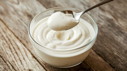 Greek yogurt in glass bowl on wooden table
